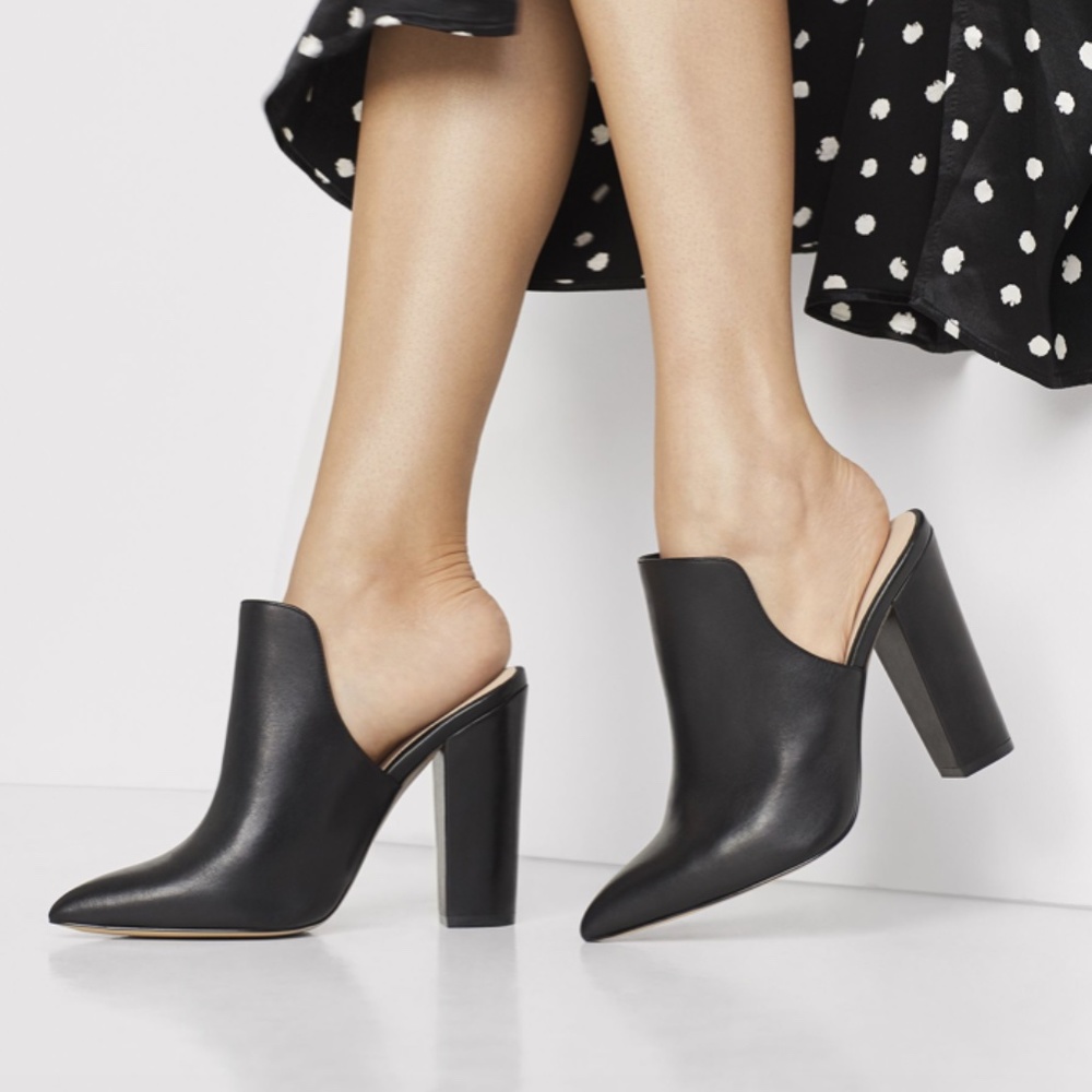 Aldo Black Leather Block Heeled Mules